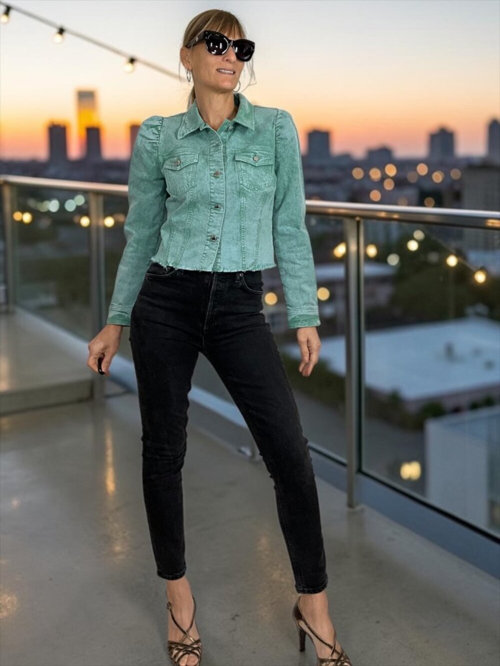 Retrofete Rissa Denim Jacket M Mojito Turquoise Cropped Puff Shoulder